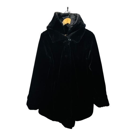 Dennis Basso Faux Fur Hooded Black Lined Coat Women Size Medium - Picture 1 of 11